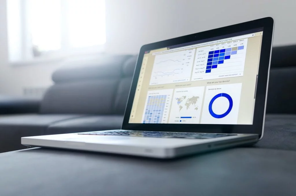Illustration of a person holding a laptop and looking at a graph, representing the process of creating a cost-effective digital marketing strategy for the future
